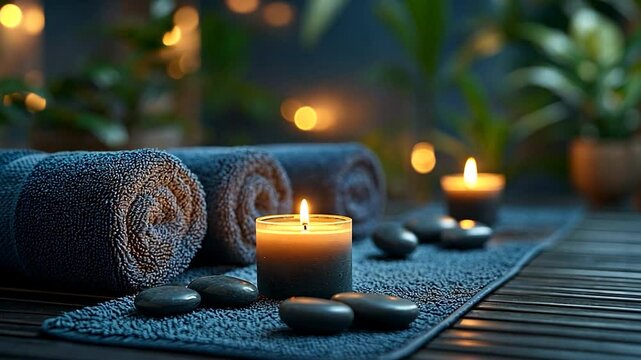 Serene Spa Setting: Candles, Towels, and Stones