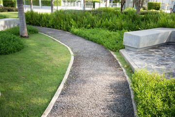 Walkway and landscape in garden, park. Also called path, footpath, pathway or asphalt floor....