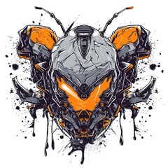 Futuristic robotic helmet with orange and grey accents, set against a backdrop of black ink splatters.