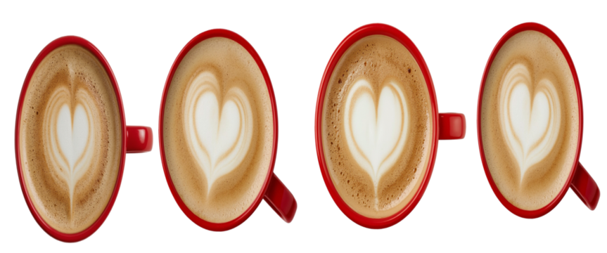 set of A top-down view of a solitary bright red coffee mug casting a soft shadow on white – png isolate on white background Download. 