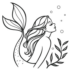 mermaid outline minimal black and white vector art