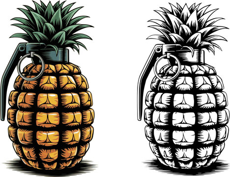 pineapple hand grenade illustration vector set - transparent background.