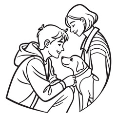 people and pet outline vector black and white minimal style