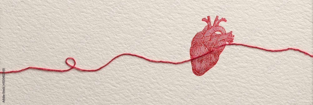 Aufkleber Red Thread Weaves Through a Medical Heart Sketch Against a Blank Background Highlighting Connection and Emotion