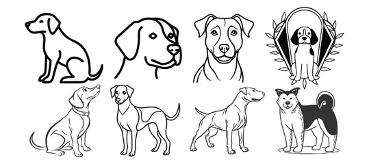 dogs set silhouette black and white vector doodle line art graphic