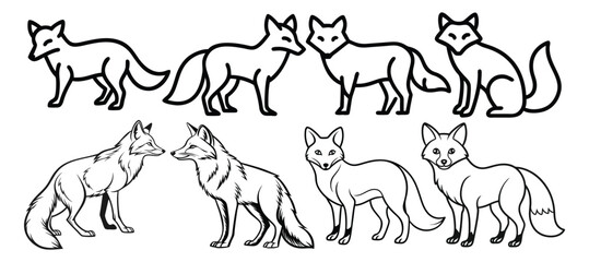 foxes outline set silhouette black and white vector doodle line art design