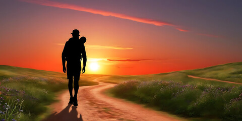 A silhouette of a person walking along a winding path at sunset