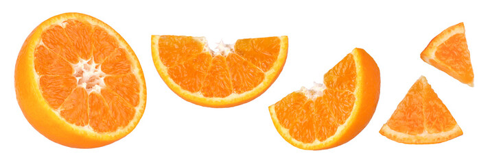 slice orange fruit and  half isolated, Orange fruit macro studio photo, transparent PNG, PNG format, cut out