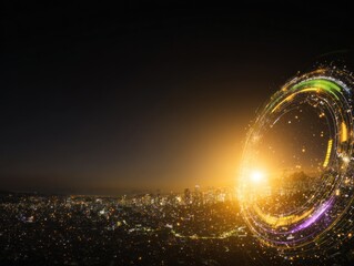 Cityscape at dawn with glowing circular overlay