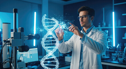 Scientist analyzing a 3D holographic DNA model