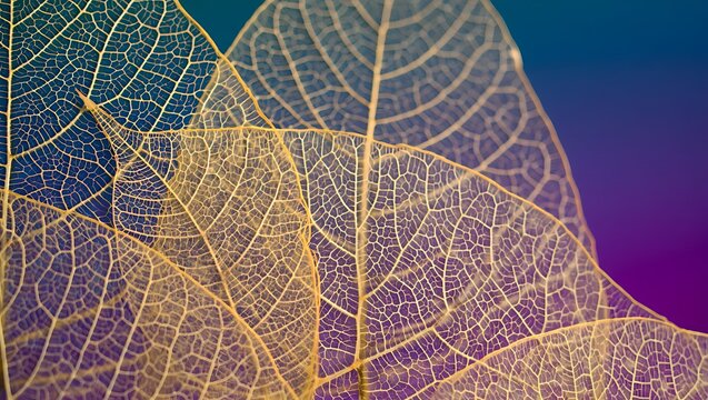 Intricate skeletonized leaves against a vibrant purple and teal background