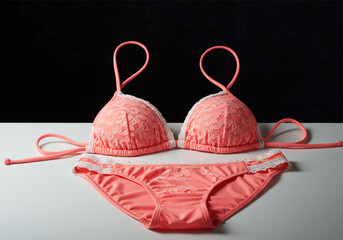 Coral pink lace trimmed swimsuit set