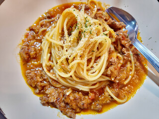 Spaghetti with Bolognese Angus Beef on a Plate, Top View.
