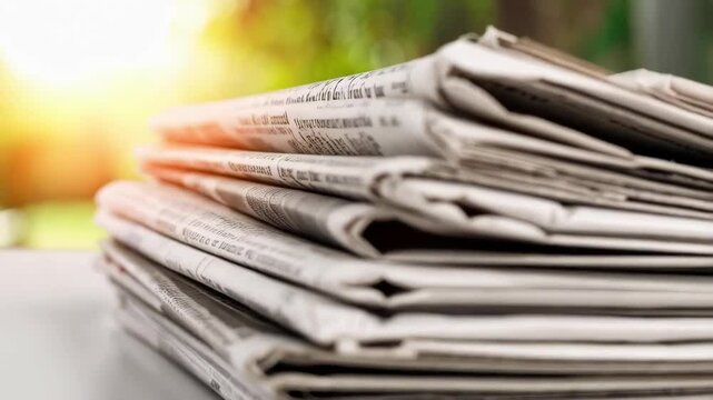 Stack of folded newspapers on a white surface, illuminated by sunlight with a blurred leafy green background, focus on journalism, information