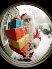 Santa Claus delivering colorful presents seen through a door peephole in a snowy winter scene