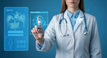 Female Doctor Interacting With Holographic Medical Interface in a Modern Laboratory Environment with Blue Tones and Digital Overlay