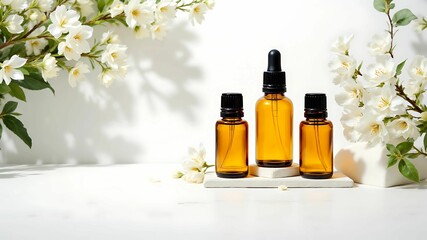 Amber Essential Oil Bottles with White Flowers
