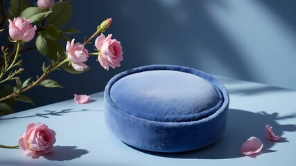 Soft Blue Velvety Object with Pink Roses
