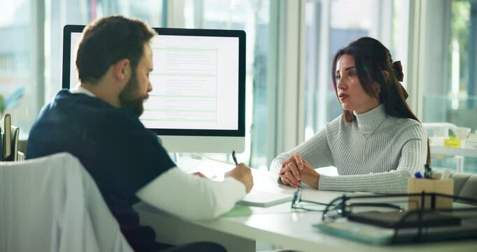 Doctor, patient and consultation in office healthcare, medical opinion or advice in discussion. Specialist, tech or woman in private practice with feedback, health assessment or treatment instruction