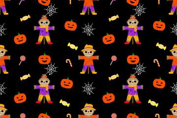 Halloween Pattern with Scarecrows and Pumpkins. Spooky Season Seamless Pattern. Cute Halloween Elements on Black Background. Kid's Halloween Celebration Pattern. Harvest Festival Spooky Design.