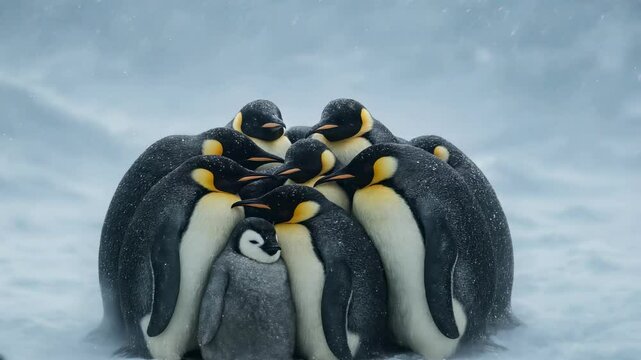 Aerial view of a huddle of penguins in a snowy landscape, showcasing warmth and unity. The video captures their resilience in harsh conditions.