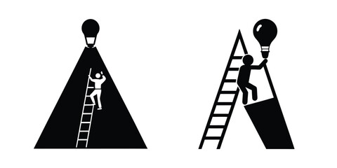 Silhouette Of Person Climbing Ladder Toward Light Bulb Symbolizing Aspiration Isolated on White Background