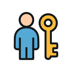 Person next to a golden key. Icon symbol illustration