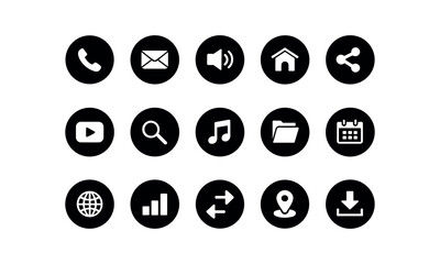 Set of Black and White Icons for Communication, Media, Navigation, and User Interface Design