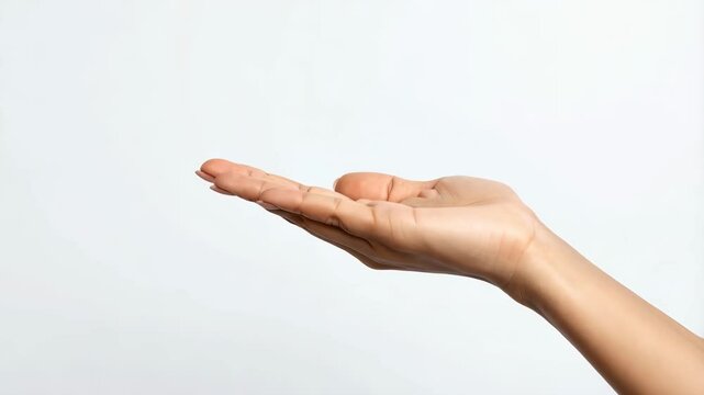 Isolated shot of a woman's outstretched hand in a receiving or offering gesture on a plain light background in studio