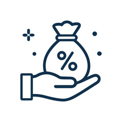 Discount moneybag rests serenely on hand. Icon symbol illustration