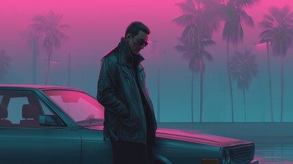 Cool guy in leather jacket with sunset and palm trees in 80s synthwave style