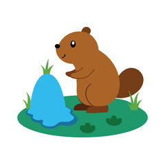 beaver building dam at the edge of the pond vector art