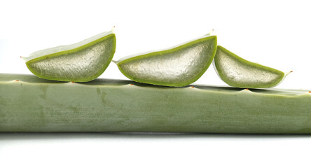 Aloe vera leaf with sliced pieces, demonstrating the plant's natural healing and skincare benefits.