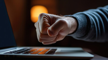 Frustrated hand gesture on laptop, symbolizing cyberbullying and online trolling advocacy