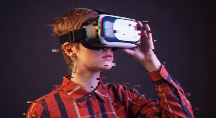 Woman wearing VR headset experiencing digital world with red and black striped shirt and abstract glitches against dark background
