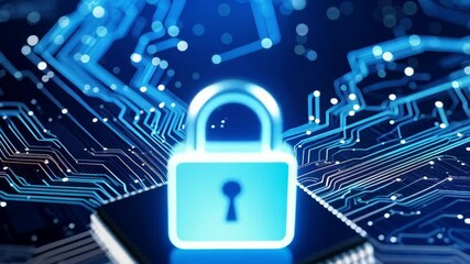 Blue circuit board with glowing padlock icon on a microchip, symbolizing digital protection and data safety. - Powered by Adobe