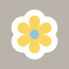 Yellow flower with blue center and white outline on gray background. Summer and Oktoberfest sticker. Vector illustration. Abstract floral background. Square banner with chamomile.