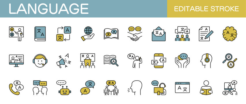 Language line icons set – Includes education, learning, communication, study and conversation. Editable stroke. Colored vector illustration.