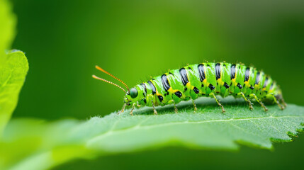 Fototapeta premium Vibrant green caterpillar crawls on leaf, showcasing its striking black stripes and delicate antennae in lush natural setting