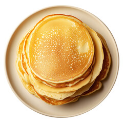 Fototapeta premium Fluffy stack of golden pancakes served on a beige ceramic plate, isolated on white transparent background