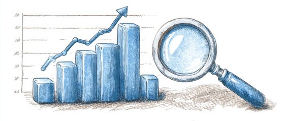 A hand-drawn bar chart with an upward trend arrow alongside a magnifying glass, symbolizing data analysis and growth.