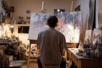 Artist alone in messy studio at dusk, canvas unfinished, strong shadows from a single lamp, brown-beige color grading, 