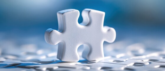 A close-up of a white puzzle piece standing on other scattered puzzle pieces with a blue gradient background.