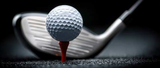 A close-up of a golf ball on a red tee with a golf club ready to strike, set against a dark background.