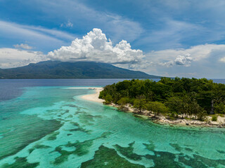 Fototapeta premium Natural beauty of Mantigue Island. Clear turquoise water and corals in atoll. Camiguin, Philippines.