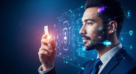 Focused Businessman Examining Digital Information Displayed Through Futuristic Technology In Modern Office