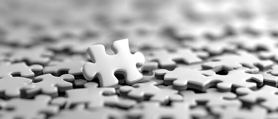 A close-up image of scattered blank white puzzle pieces with one piece standing upright, highlighting the complexity of assembling the whole picture.