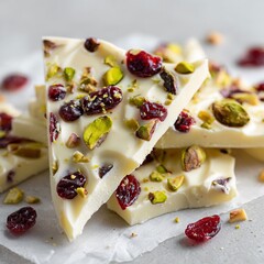 Close up of white chocolate bark pieces with cranberries and pistachios on parchment paper surface