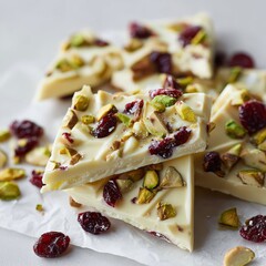 A pile of white chocolate bark pieces with pistachios and cranberries on a white surface close up