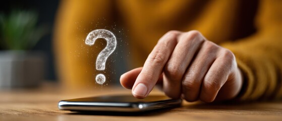 A person interacts with a smartphone displaying a glowing question mark, symbolizing inquiry or seeking information.